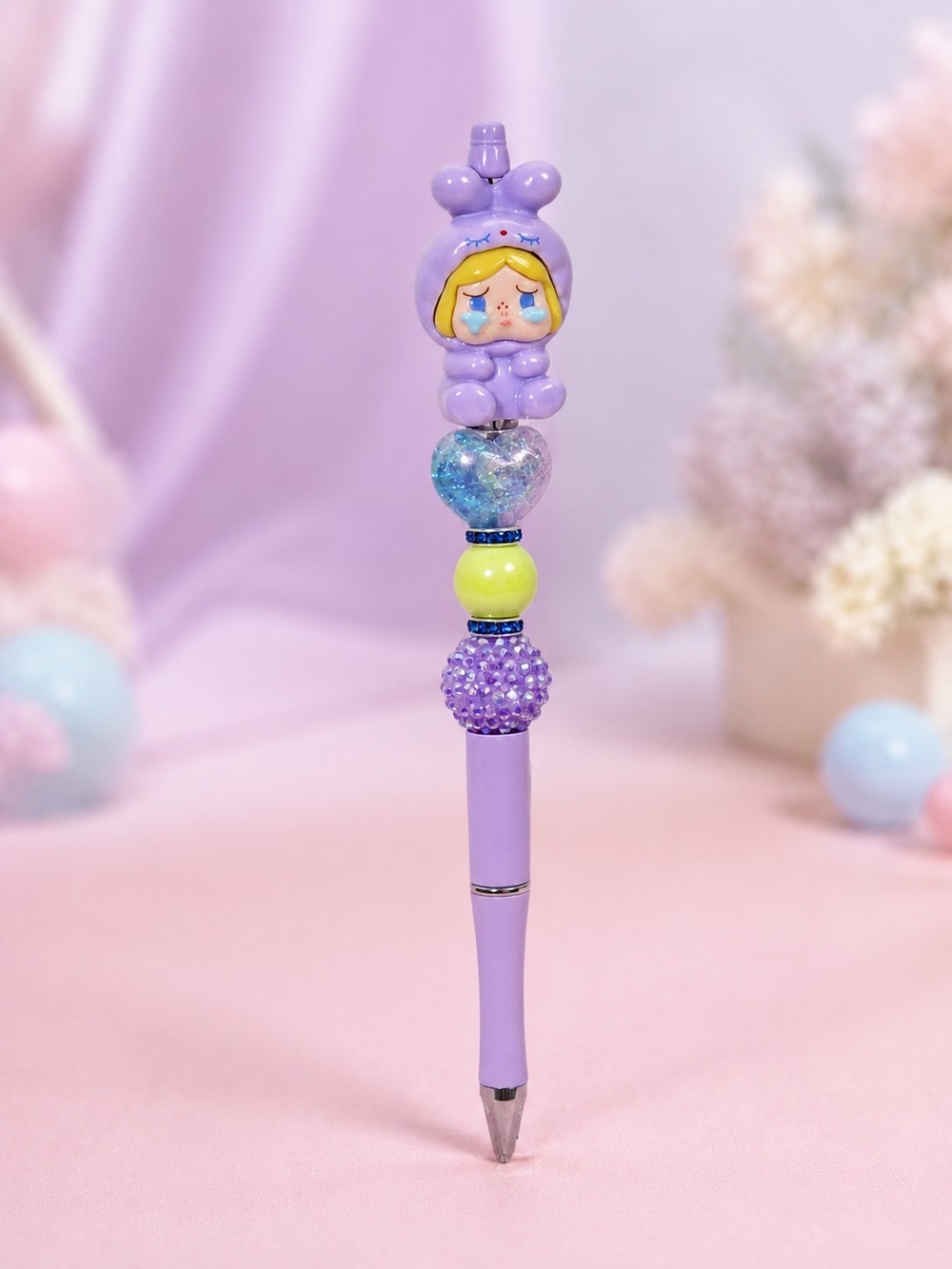 Cry Baby Bunny Girl Handmade Beaded Pen – Lavender, Blue & Yellow